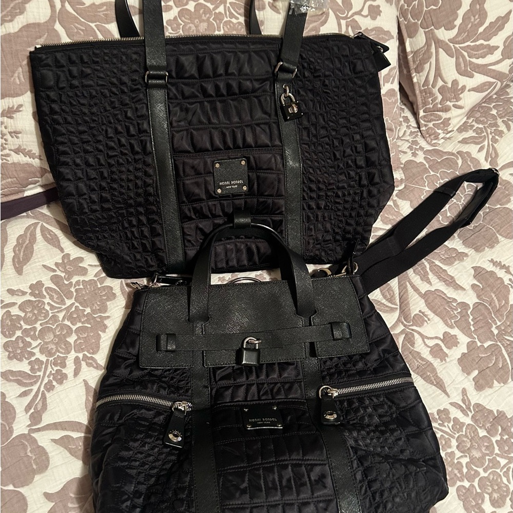 Henri Bendel Black  Quilted Jetsetter Convertible Backpack & matching Tote SET - Picture 3 of 12